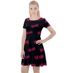 Yeah Word Motif Print Pattern Cap Sleeve Velour Dress 