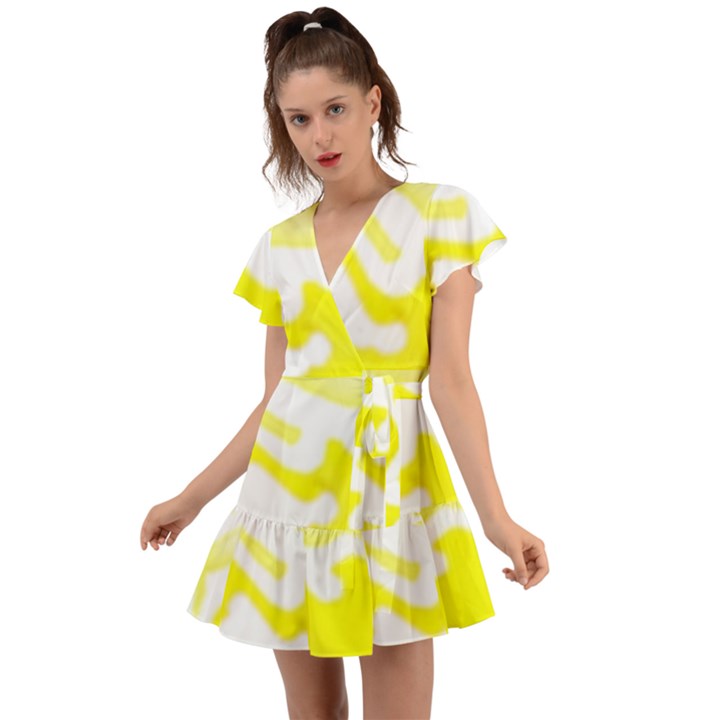 Golden Yellow Rose Flutter Sleeve Wrap Dress