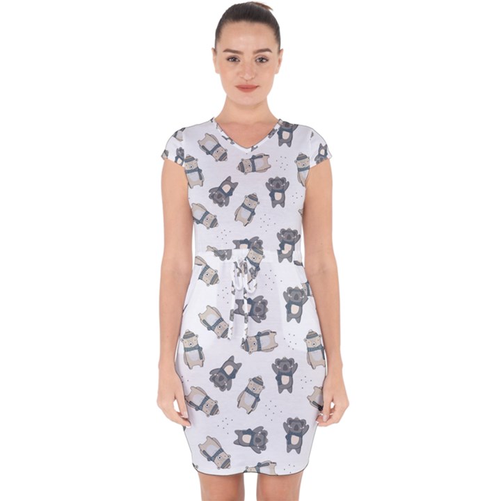 Cute Seamless Pattern With Koala panda Bear Capsleeve Drawstring Dress 