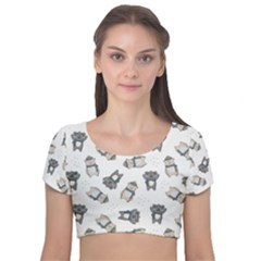 Cute Seamless Pattern With Koala Panda Bear Velvet Short Sleeve Crop Top  by Amaryn4rt