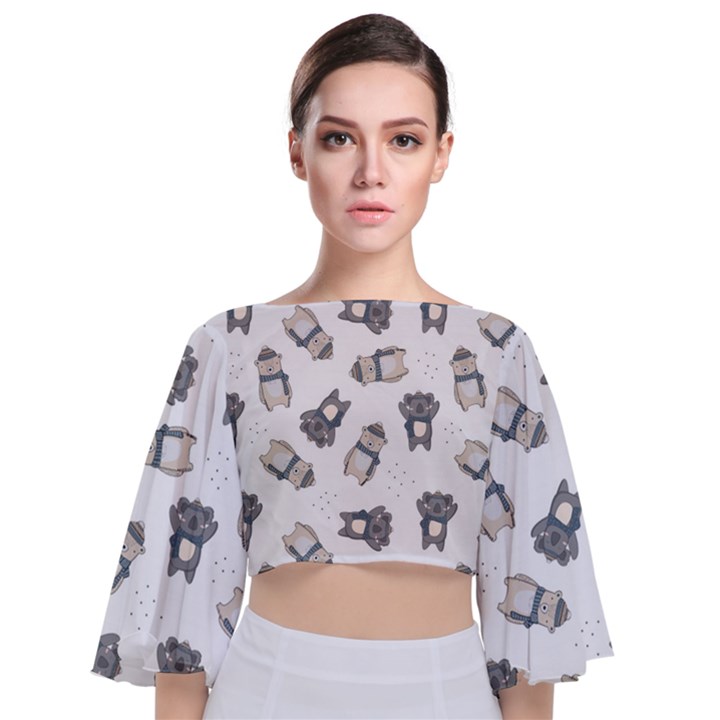 Cute Seamless Pattern With Koala panda Bear Tie Back Butterfly Sleeve Chiffon Top