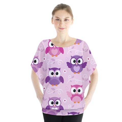 Seamless Cute Colourfull Owl Kids Pattern Batwing Chiffon Blouse by Amaryn4rt