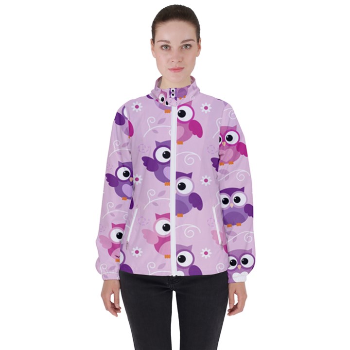 Seamless Cute Colourfull Owl Kids Pattern Women s High Neck Windbreaker