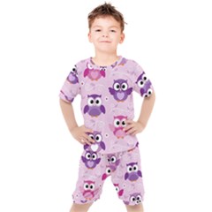 Seamless Cute Colourfull Owl Kids Pattern Kids  Tee And Shorts Set by Amaryn4rt