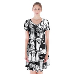 Graffiti Spray Can Characters Seamless Pattern Short Sleeve V-neck Flare Dress by Amaryn4rt