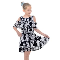 Graffiti Spray Can Characters Seamless Pattern Kids  Shoulder Cutout Chiffon Dress by Amaryn4rt