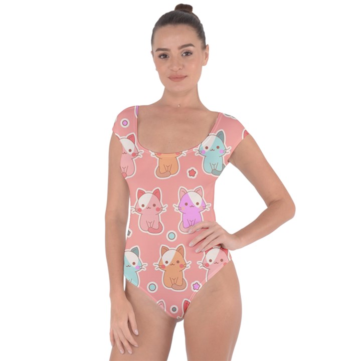 Cute Kawaii Kittens Seamless Pattern Short Sleeve Leotard 