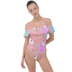 Cute Kawaii Kittens Seamless Pattern Frill Detail One Piece Swimsuit by Amaryn4rt