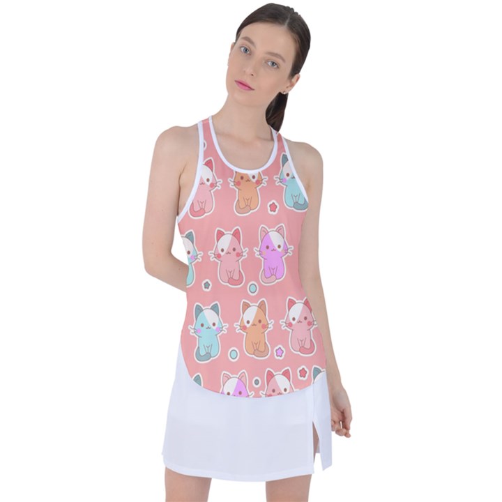 Cute Kawaii Kittens Seamless Pattern Racer Back Mesh Tank Top