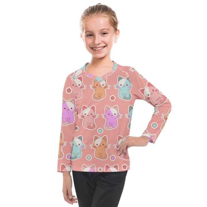 Cute Kawaii Kittens Seamless Pattern Kids  Long Mesh Tee