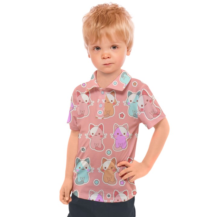 Cute Kawaii Kittens Seamless Pattern Kids  Polo Tee