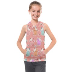 Cute Kawaii Kittens Seamless Pattern Kids  Sleeveless Hoodie