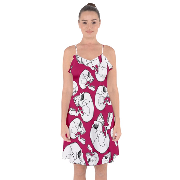 Terrible Frightening Seamless Pattern With Skull Ruffle Detail Chiffon Dress