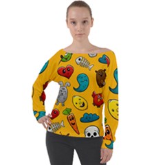 Graffiti Characters Seamless Ornament Off Shoulder Long Sleeve Velour Top