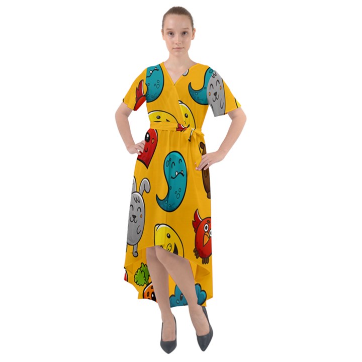 Graffiti Characters Seamless Ornament Front Wrap High Low Dress