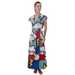 Rays Smoke Pop Art Style Vector Illustration Flutter Sleeve Maxi Dress by Amaryn4rt