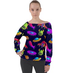 Space Pattern Off Shoulder Long Sleeve Velour Top