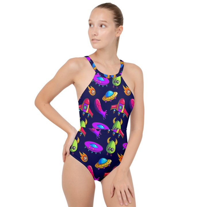 Space Pattern High Neck One Piece Swimsuit