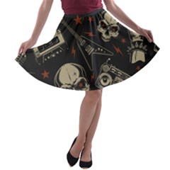 Grunge Seamless Pattern With Skulls A-line Skater Skirt by Amaryn4rt