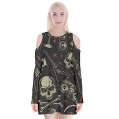 Grunge Seamless Pattern With Skulls Velvet Long Sleeve Shoulder Cutout Dress