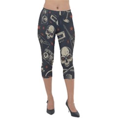 Grunge Seamless Pattern With Skulls Lightweight Velour Capri Leggings  by Amaryn4rt