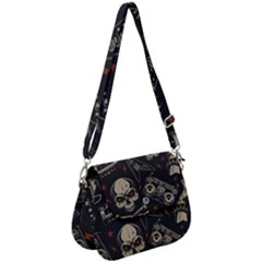 Grunge Seamless Pattern With Skulls Saddle Handbag by Amaryn4rt