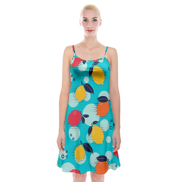 Pop Art Style Citrus Seamless Pattern Spaghetti Strap Velvet Dress