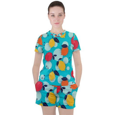 Pop Art Style Citrus Seamless Pattern Women s Tee And Shorts Set by Amaryn4rt