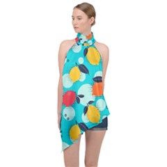 Pop Art Style Citrus Seamless Pattern Halter Asymmetric Satin Top by Amaryn4rt