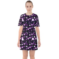 Purple, Pink Bokeh Dots, Asymmetric Polka Dot With Modern Twist Sixties Short Sleeve Mini Dress by Casemiro