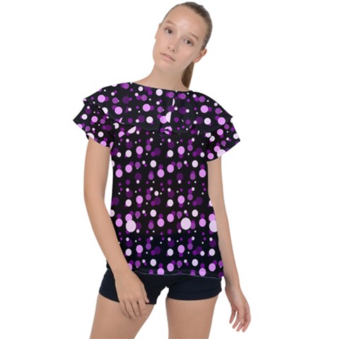 Purple, Pink Bokeh Dots, Asymmetric Polka Dot With Modern Twist Ruffle Collar Chiffon Blouse by Casemiro