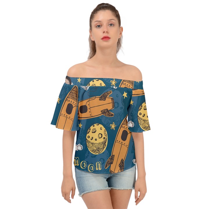 Missile Pattern Off Shoulder Short Sleeve Top