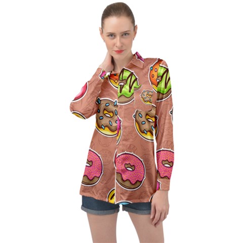 Doughnut Doodle Colorful Seamless Pattern Long Sleeve Satin Shirt by Amaryn4rt