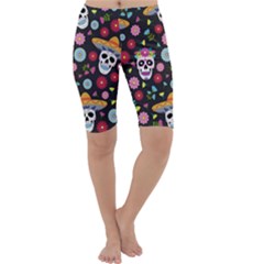 Day Dead Skull With Floral Ornament Flower Seamless Pattern Cropped Leggings  by Amaryn4rt