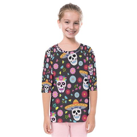 Day Dead Skull With Floral Ornament Flower Seamless Pattern Kids  Quarter Sleeve Raglan Tee by Amaryn4rt