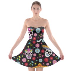 Day Dead Skull With Floral Ornament Flower Seamless Pattern Strapless Bra Top Dress by Amaryn4rt