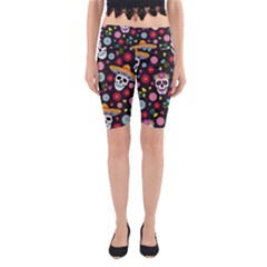 Day Dead Skull With Floral Ornament Flower Seamless Pattern Yoga Cropped Leggings by Amaryn4rt