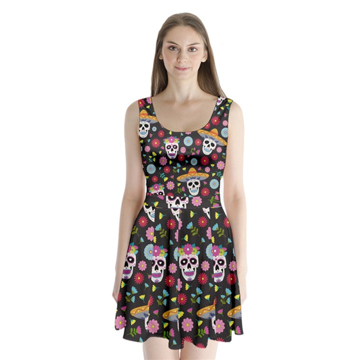 Day Dead Skull With Floral Ornament Flower Seamless Pattern Split Back Mini Dress 