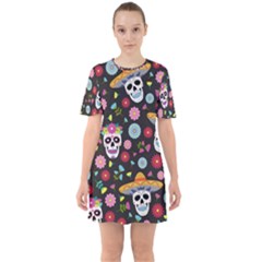 Day Dead Skull With Floral Ornament Flower Seamless Pattern Sixties Short Sleeve Mini Dress by Amaryn4rt