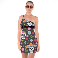 Day Dead Skull With Floral Ornament Flower Seamless Pattern One Soulder Bodycon Dress by Amaryn4rt