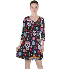 Day Dead Skull With Floral Ornament Flower Seamless Pattern Ruffle Dress by Amaryn4rt