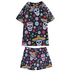 Day Dead Skull With Floral Ornament Flower Seamless Pattern Kids  Swim Tee And Shorts Set by Amaryn4rt