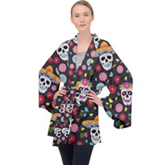 Day Dead Skull With Floral Ornament Flower Seamless Pattern Long Sleeve Velvet Kimono  by Amaryn4rt