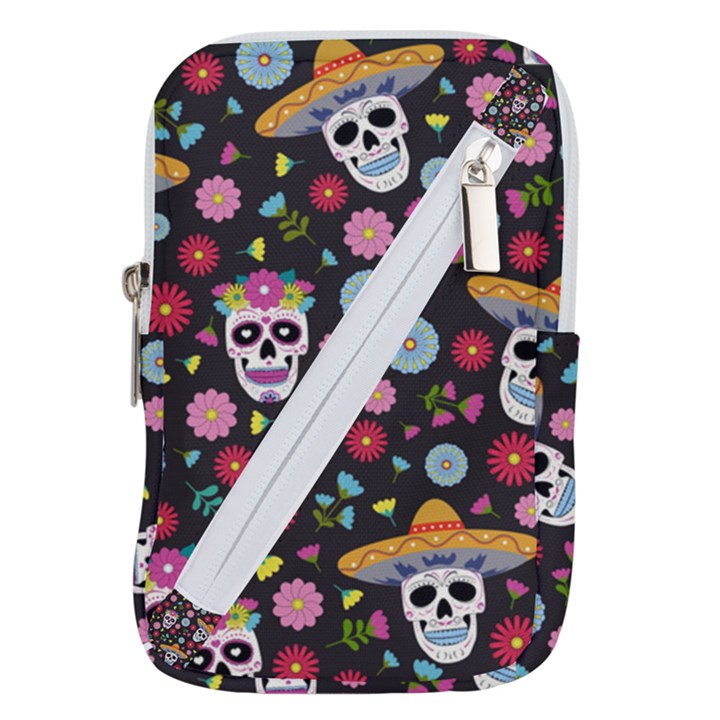 Day Dead Skull With Floral Ornament Flower Seamless Pattern Belt Pouch Bag (Large)