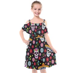 Day Dead Skull With Floral Ornament Flower Seamless Pattern Kids  Cut Out Shoulders Chiffon Dress by Amaryn4rt