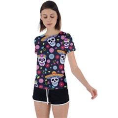 Day Dead Skull With Floral Ornament Flower Seamless Pattern Back Circle Cutout Sports Tee