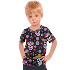 Day Dead Skull With Floral Ornament Flower Seamless Pattern Kids  Sports Tee