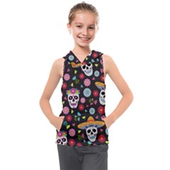 Day Dead Skull With Floral Ornament Flower Seamless Pattern Kids  Sleeveless Hoodie