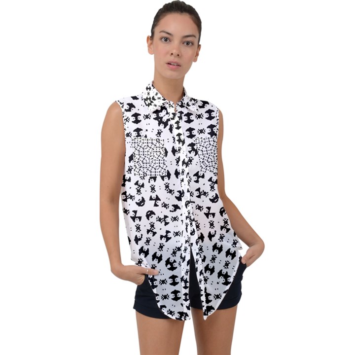 Black And White Ethnic Print Sleeveless Chiffon Button Shirt