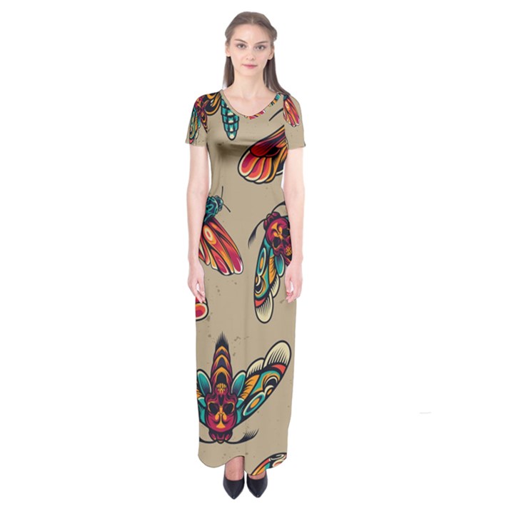 Tattoos Colorful Seamless Pattern Short Sleeve Maxi Dress